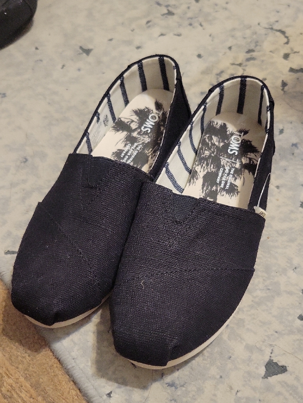 Toms Black Canvas Slip-On Flats with Striped Lining